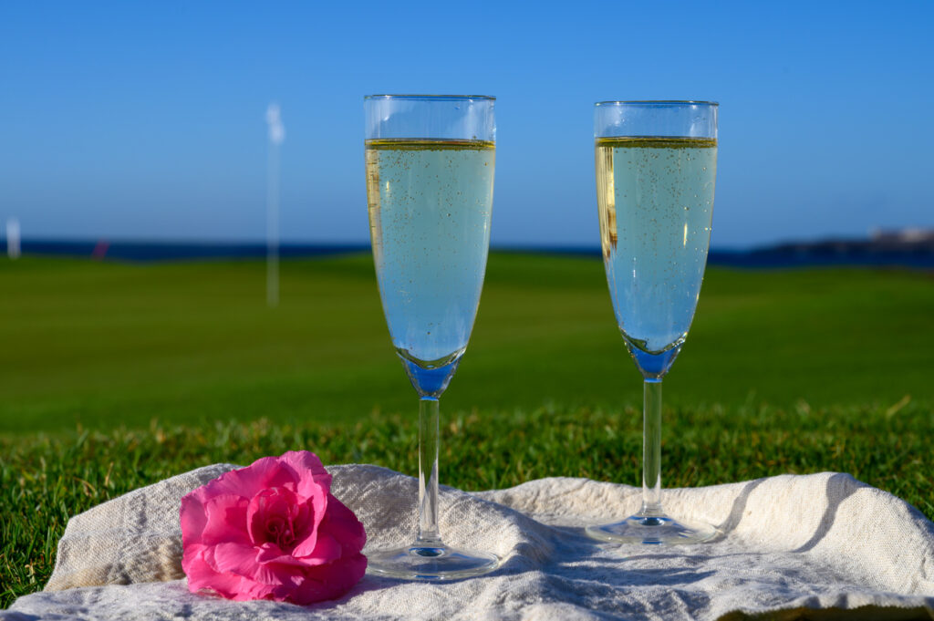 Two glasses with bubbles white champagne or cava wine served with pink flowers on green golf club grass with sea view for romantic event or celebration